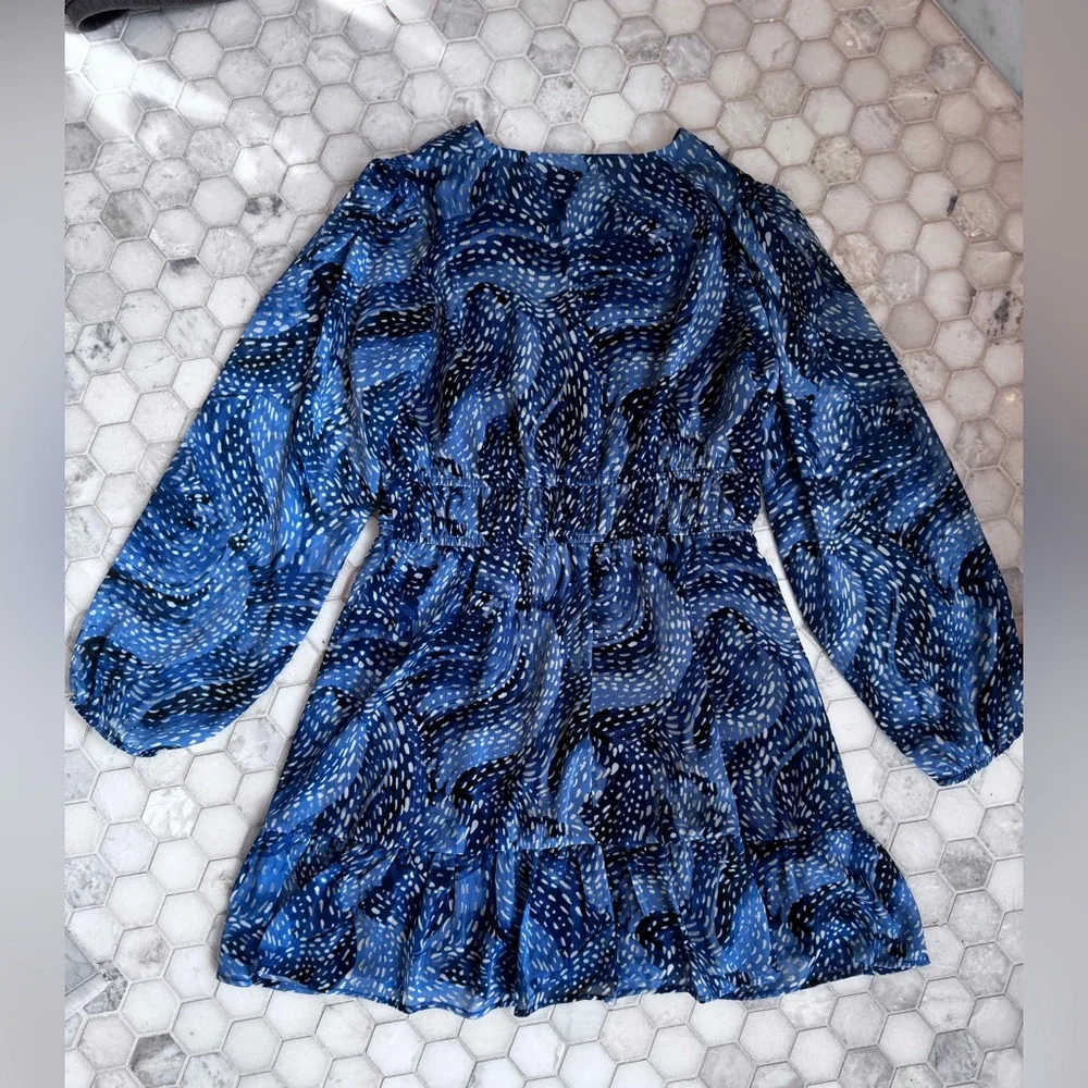 AQUA Blue Multi Print Long Sleeve Tiered Mini Dress Size M NWT - Picture 8 of 10